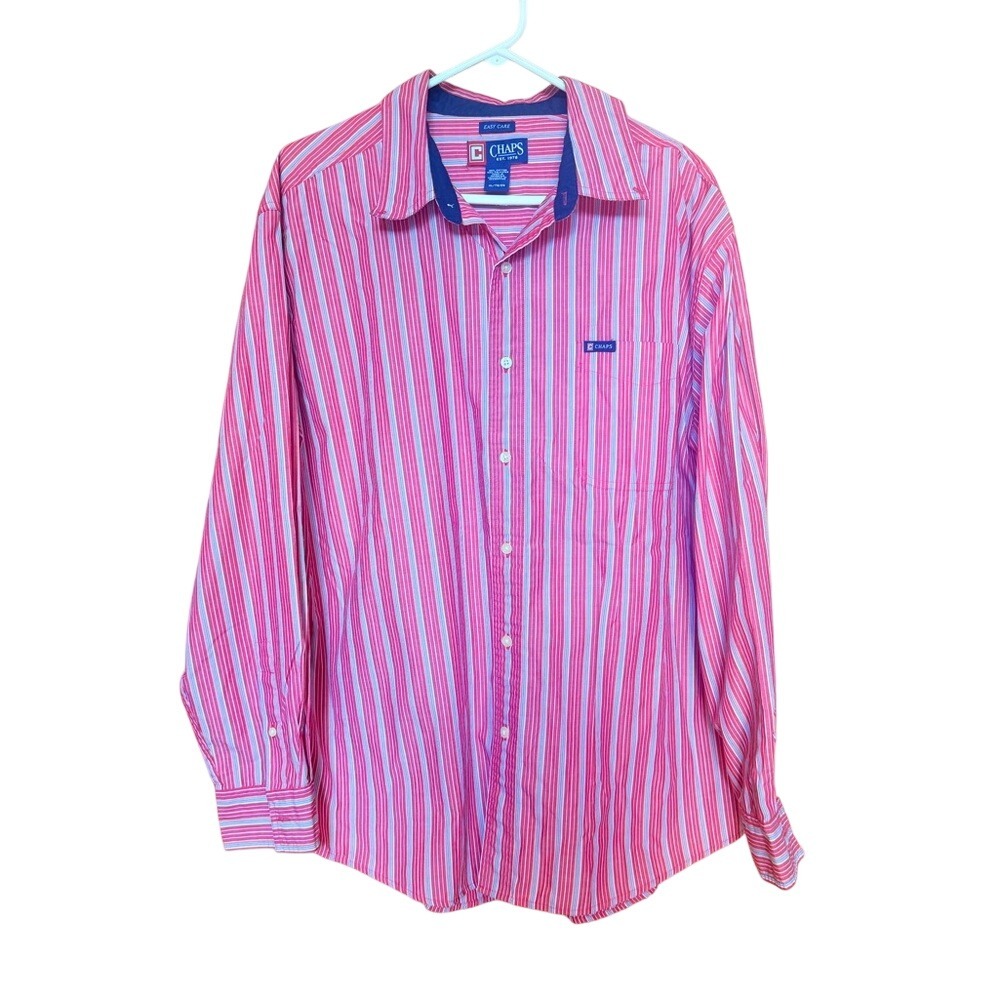 Chaps Mens XL Pink Blue Striped Long Sleeve Button Down Easy Care Shirt